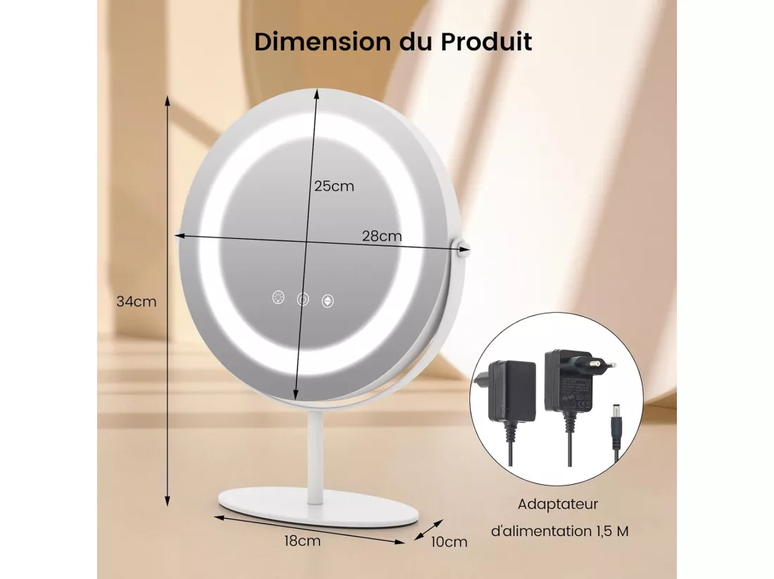 Miroir sur pied maquillage, miroir lumineux maquillage ronde dia.25 cm, 3 éclairages