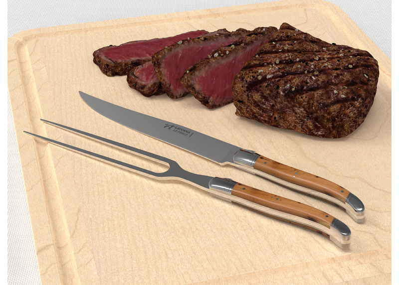 Service à viande Laguiole avec un manche en bois de genévrier et mitres en acier inoxydable