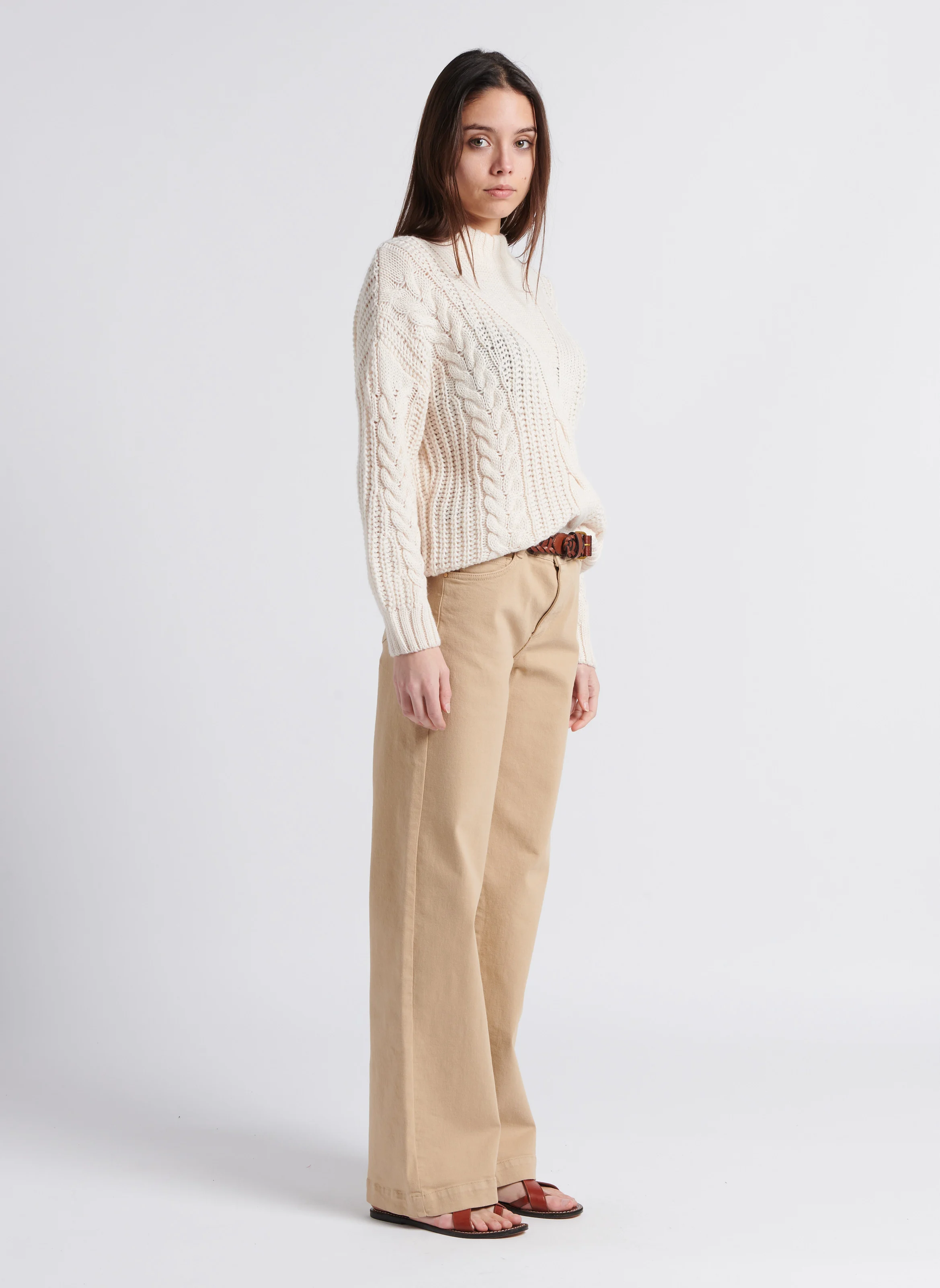 SANDY - Jean large en coton stretch | Beige