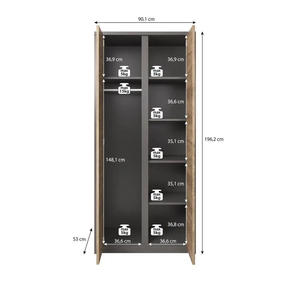 Meubella - Kledingkast Melody - Grijs - Eiken - 90 cm