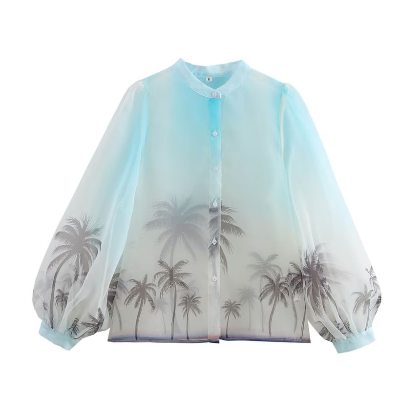 Cumulys - Blouse met ballonmouwen en bandkraag en palmboomprint