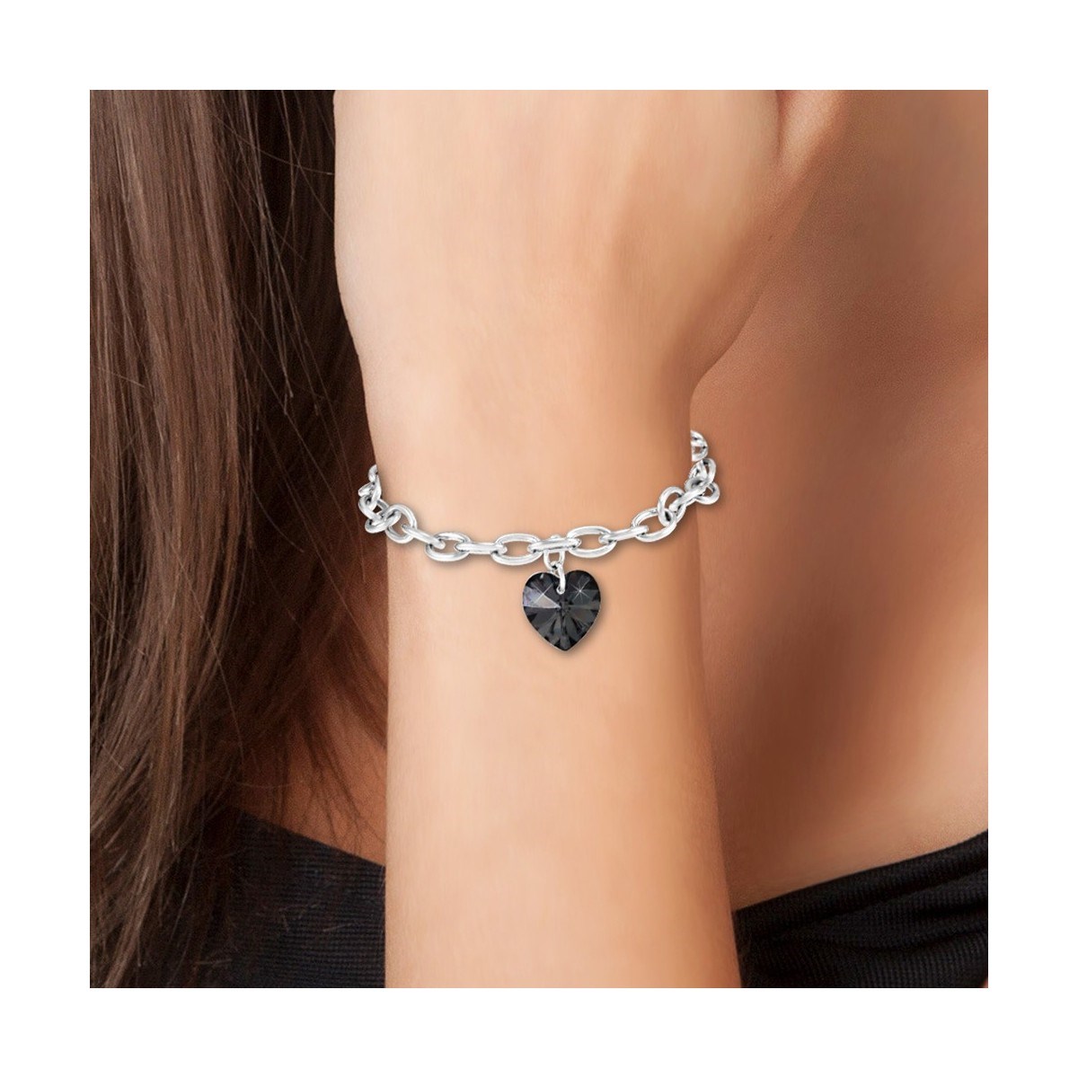 Bracelet coeur noir SC Crystal orné de Cristaux scintillants
