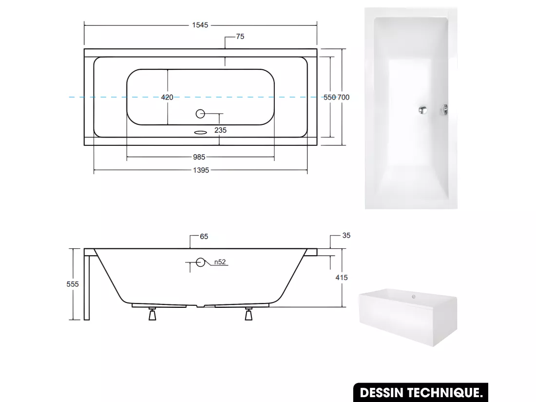 Baignoire rectangulaire - avec Tablier Blanc et Repose Tête OFFERT | QUADRO | 155 x 70 cm