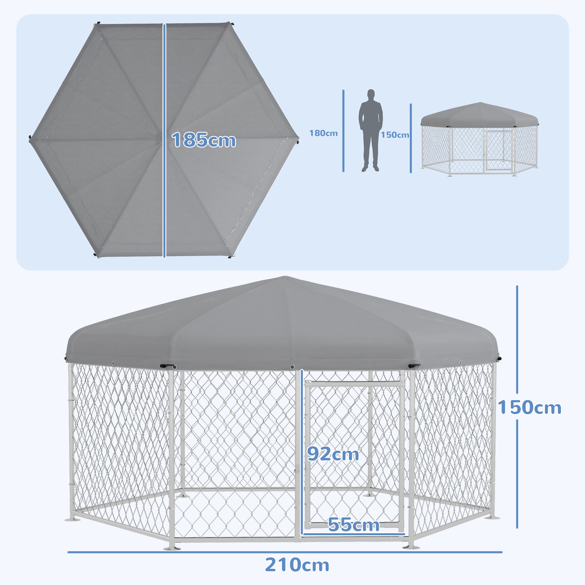 Canil hexagonal para exterior PawHut, gaiola para cães com porta, estrutura em aço galvanizado e cobertura impermeável e resistente aos raios UV, 210x185x150 cm, prateado.