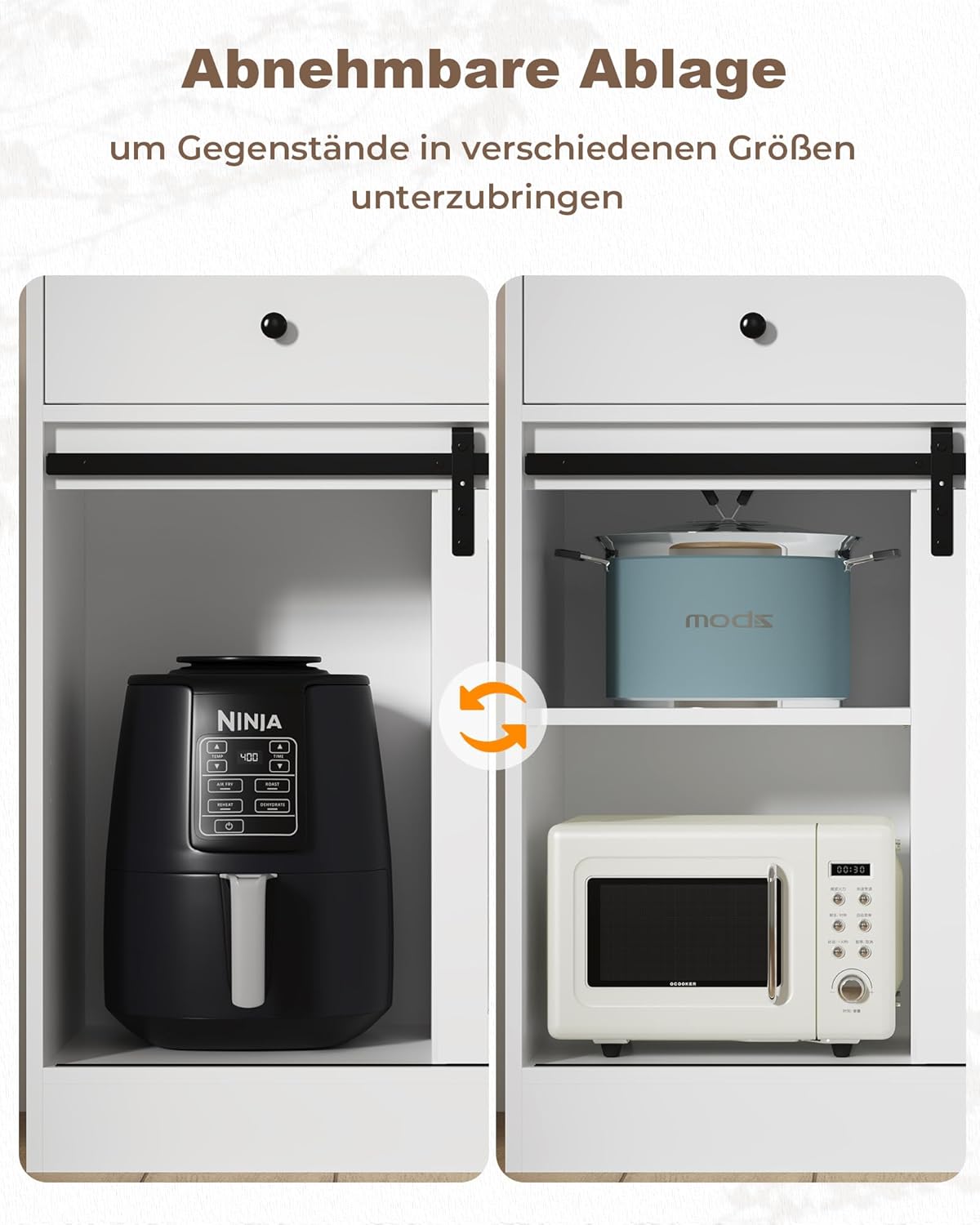 Küchenschrank, Sideboard mit LED, Steckdose, Große Schublade, Buffetschrank mit Arbeitsplatte, Verstellbaren Ablagen, 3 Hakens, Großer Stauraum, für Küche Wohnzimmer, Esszimmer, Weiß