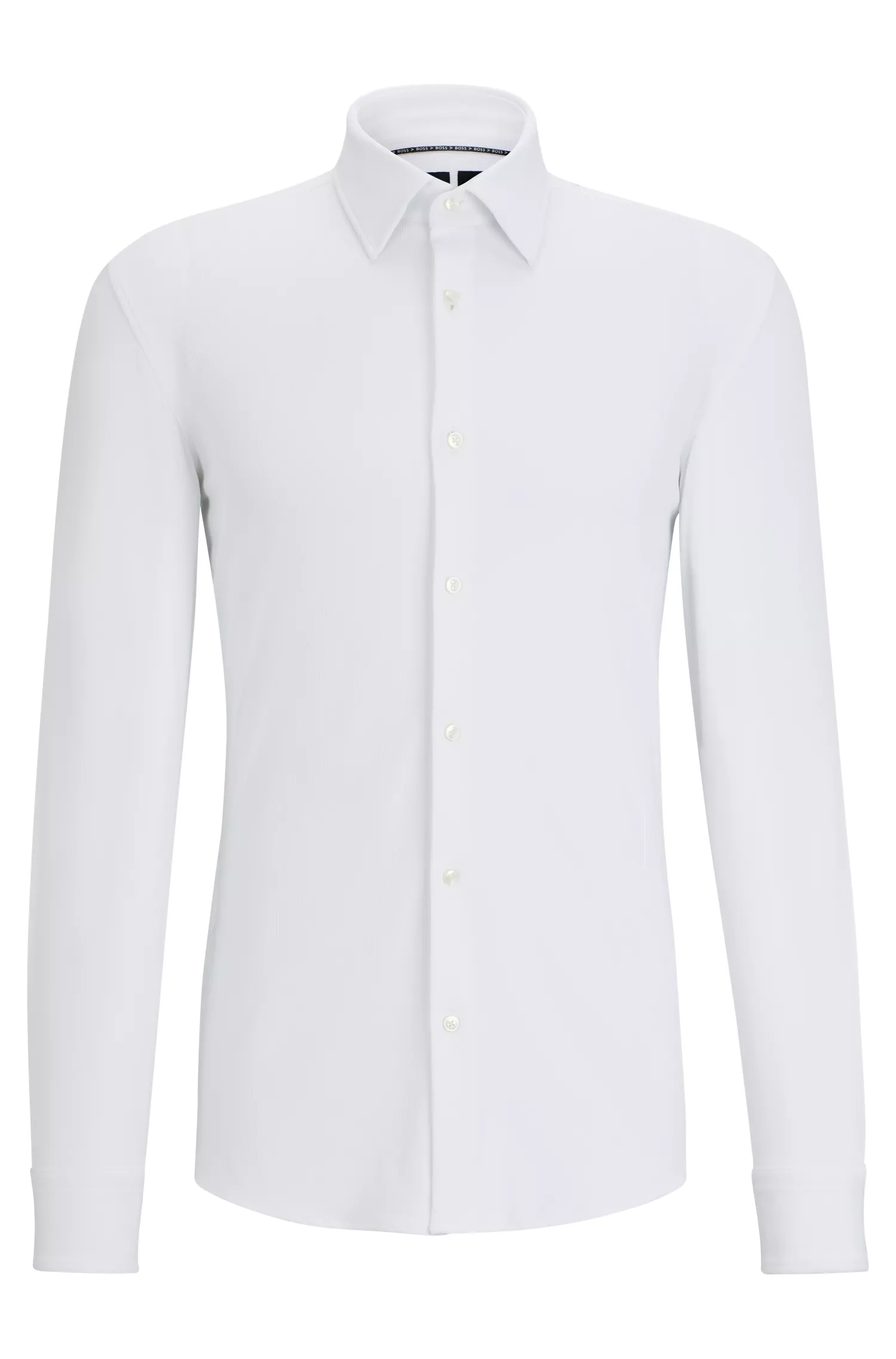 Camisa BOSS preta de corte slim em tecido elástico de alta performance.