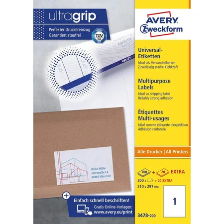 Avery Zweckform 3478-200 Universal-Etiketten,A4 mit ultragrip,210 x 297 mm, 220 Bogen/220 Etiketten, weiß