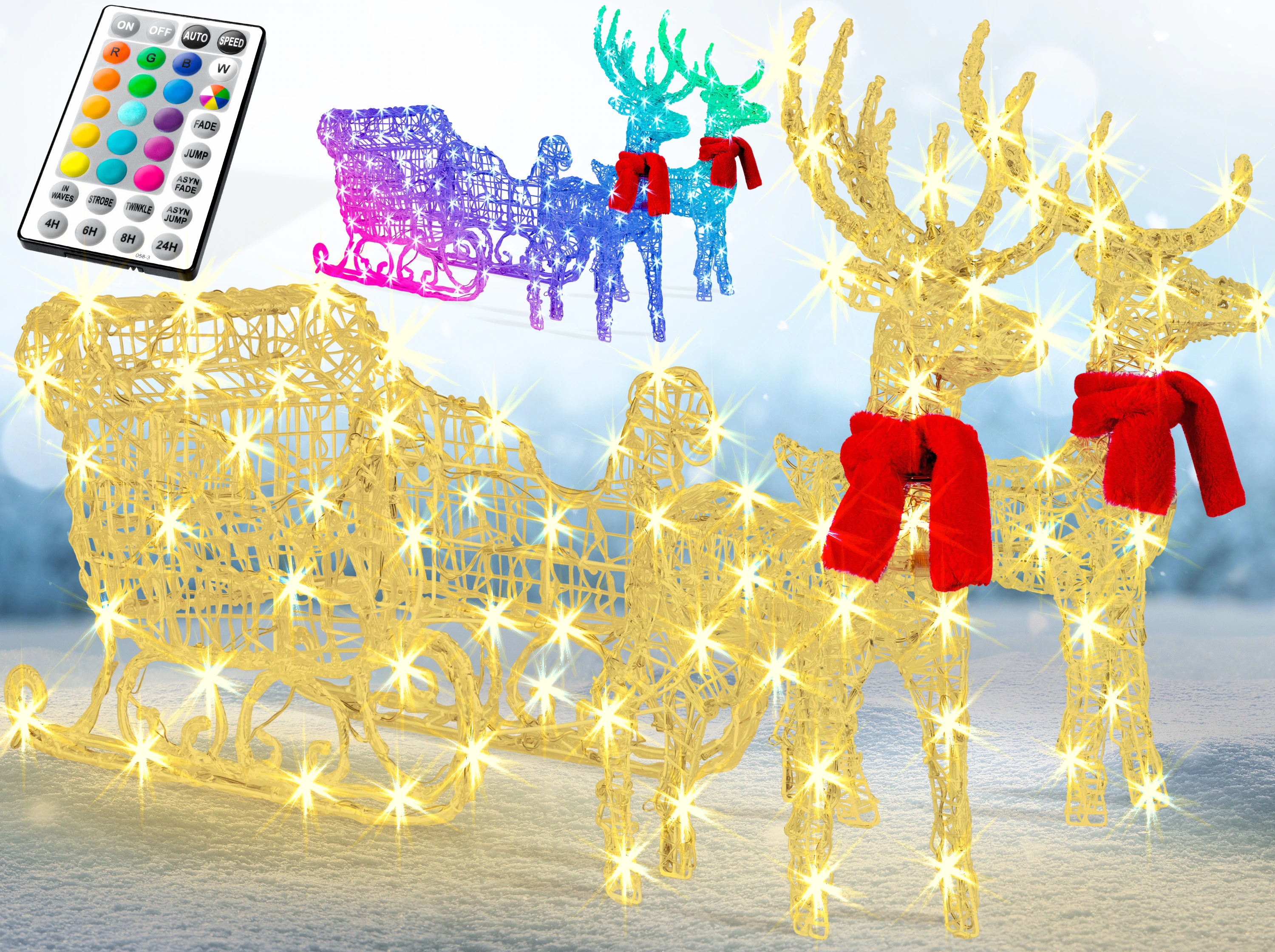 KESSER® 240er LED Rentiere mit Schlitten weiß Timer Weihnachtsbeleuchtung für außen und innen Weihnachtsfigur Weihnachtsdekoration