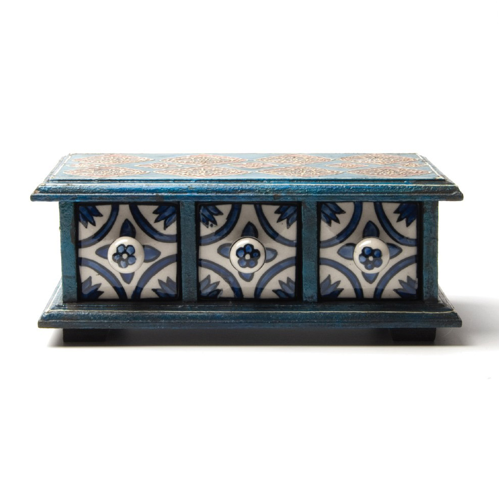 Schubladentruhe mit 3 Schubladen, blau/weiß/türkis, L 10 cm, B 24 cm, H 8,5 cm von fischer's lagerhaus