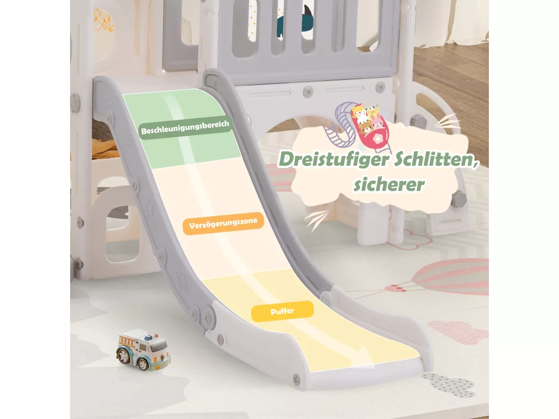 Toboggan 7 en 1 pour enfants - 215 x 150 x 106cm - en HDPE - avec balançoire et panier de basket - Blanc