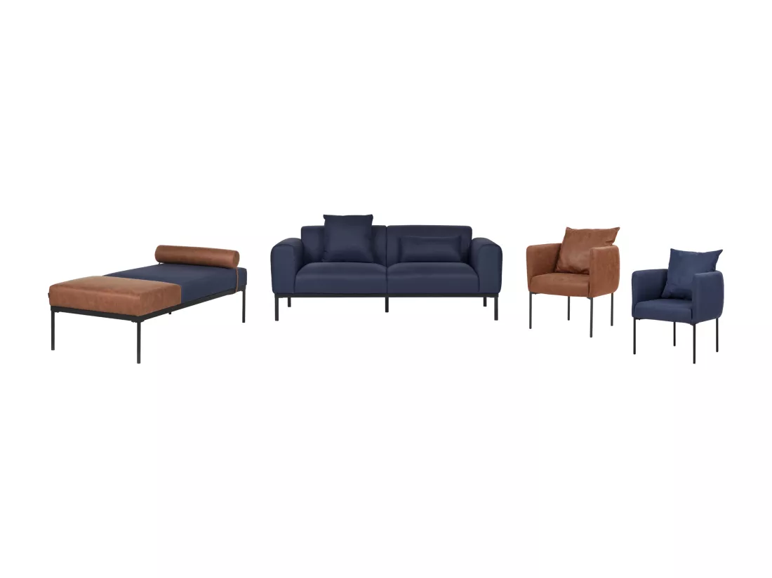 Chaise longue en lin synthétique et en similicuir bleu foncé et marron MALMOS