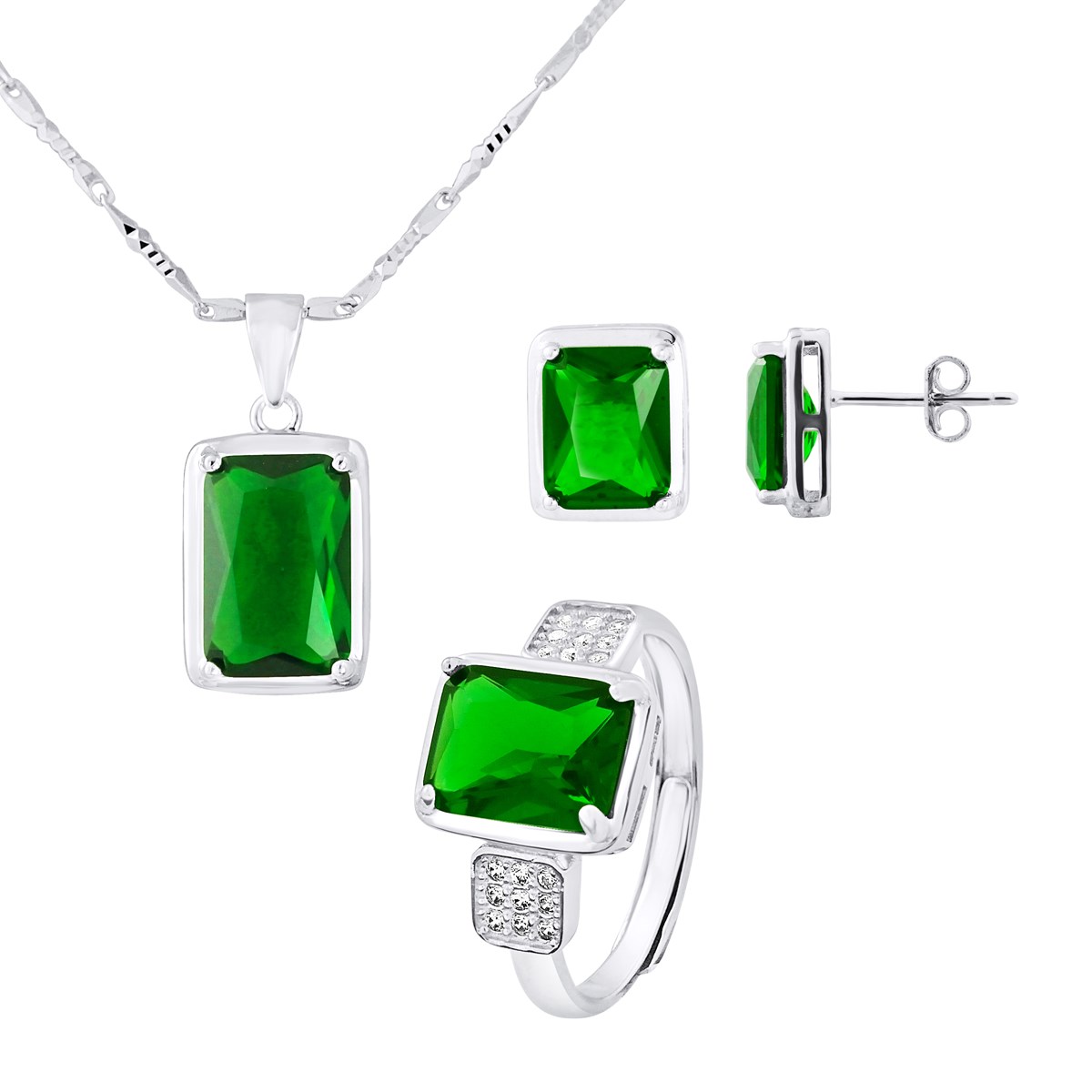PARURE RECTANGLE : Collier - Bague - Boucles d'Oreilles - Argent 925