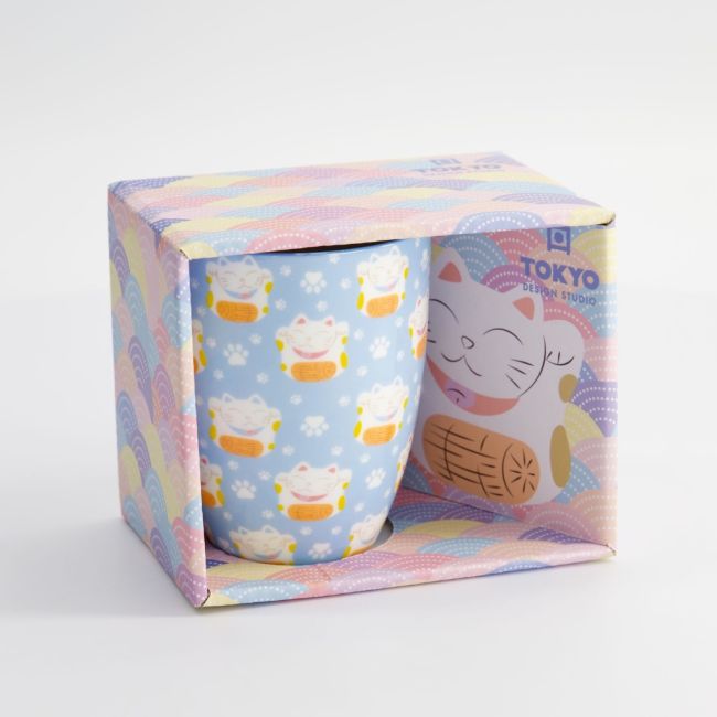 Kawaii Gelukskat in Geschenkdoos Blauw 8.5x10.2cm 340ml