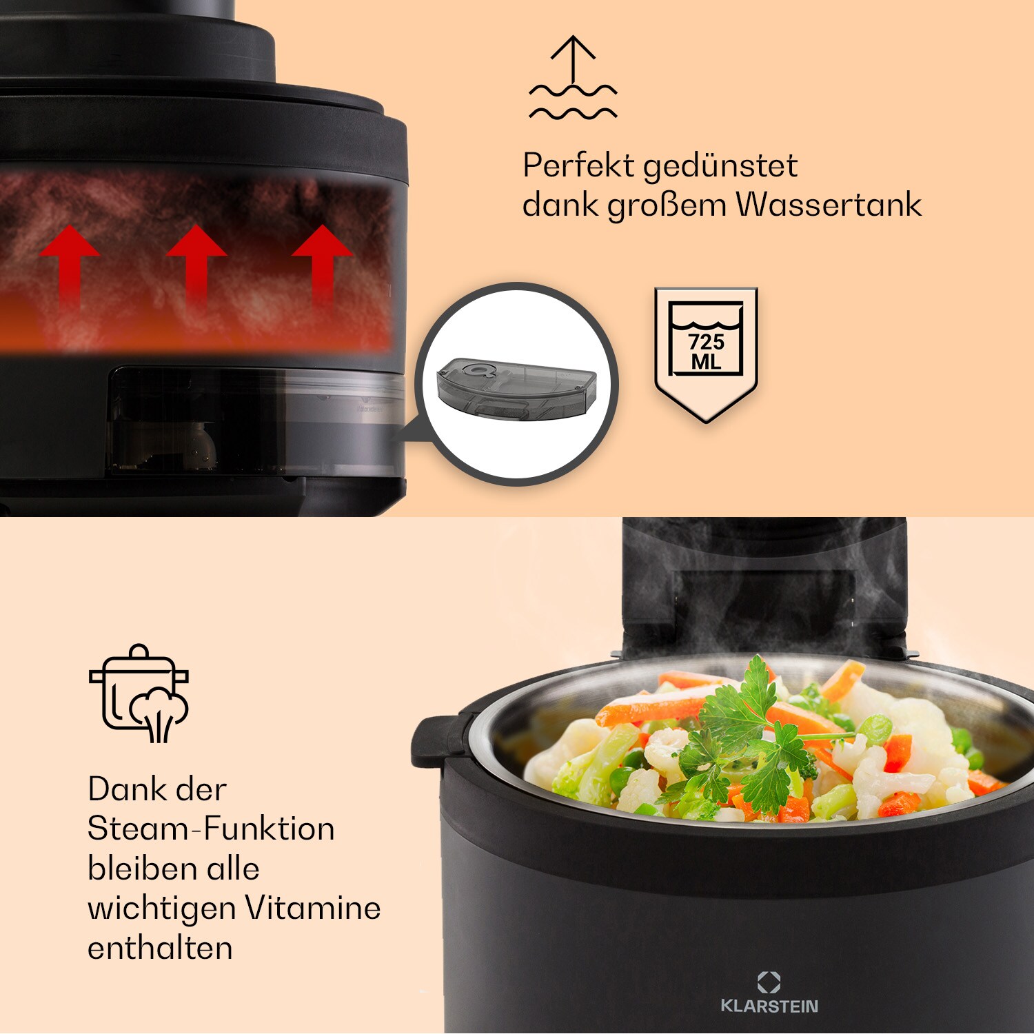 Vendure Heißluftfritteuse mit Dampffunktion 1250W 5 Liter 6 Programme Schwarz