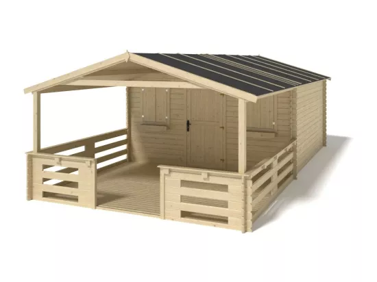 Abri de jardin en bois - 4x3 m + terrasse avec balustrade et avant-toit en bois - 24 m2 - DOM337+DOM392+DOM393+POD04 - ALTANKA