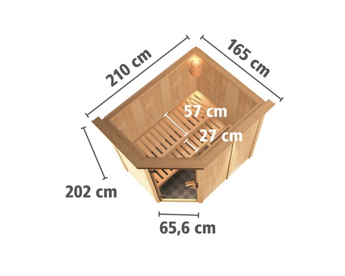 Plug & Play Sauna Karibu Achat IV zonder kachel, met dakrand en houten deur met isolatieglas, thermisch geïsoleerd