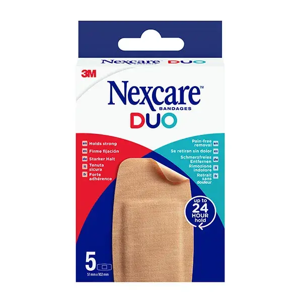 Curativos Nexcare™ DUO MAXI, 51 mm x 102 mm, 5 unidades por caixa.
