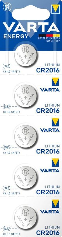 VARTA ENERGY Lithium Knoopcel CR2016 3V – 20 mm x 1,6 mm – 5 stuks, grijs