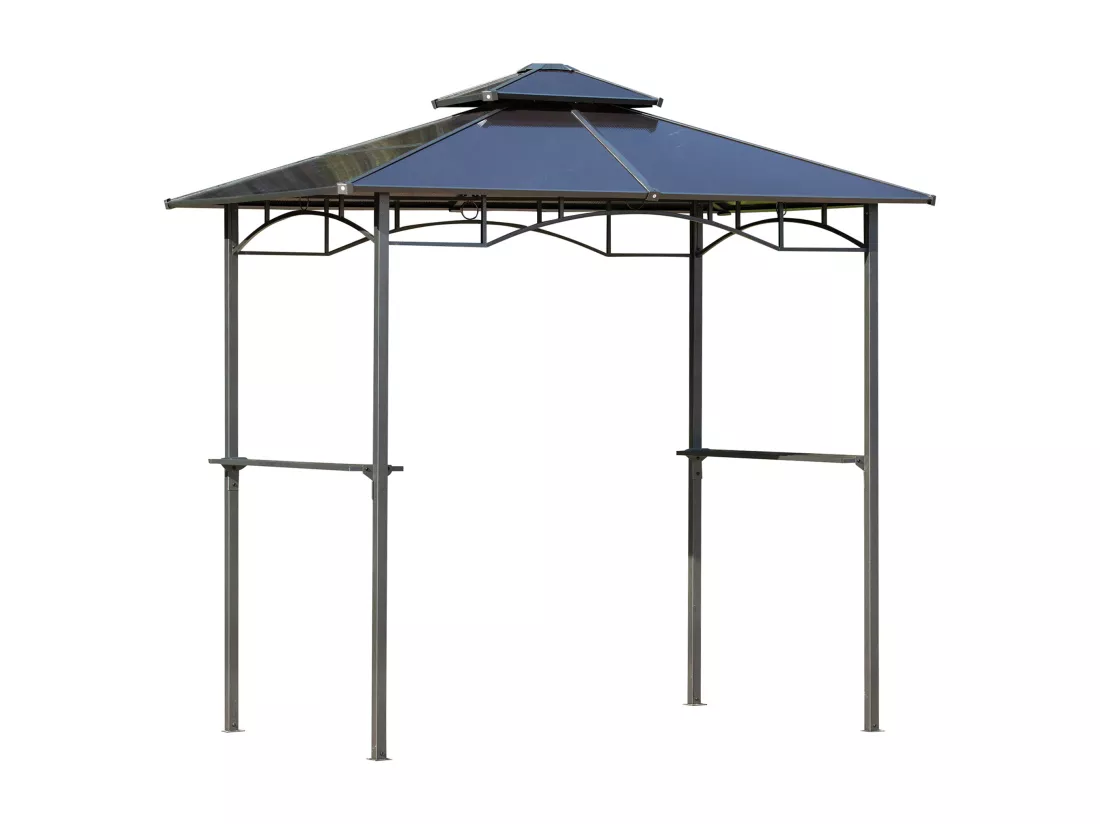 Pavillon jardin - abri barbecue - steakhouse 2 étagères - dim. 2,4L x 1,5l x 2,45H m - alu. métal noir toit polycarbonate