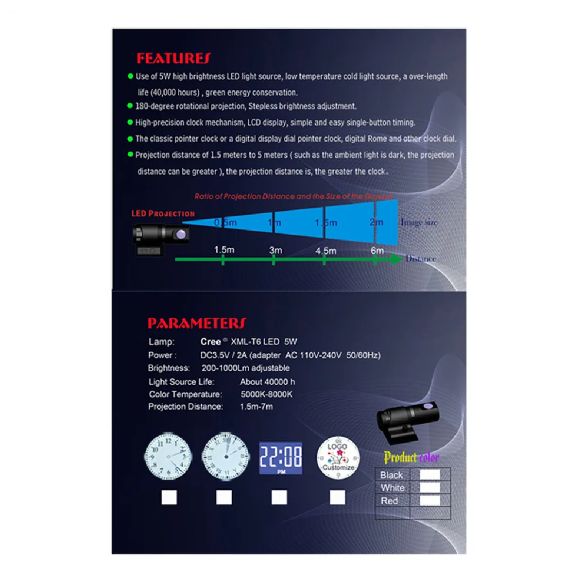 Réveil à Projection LED - Noir