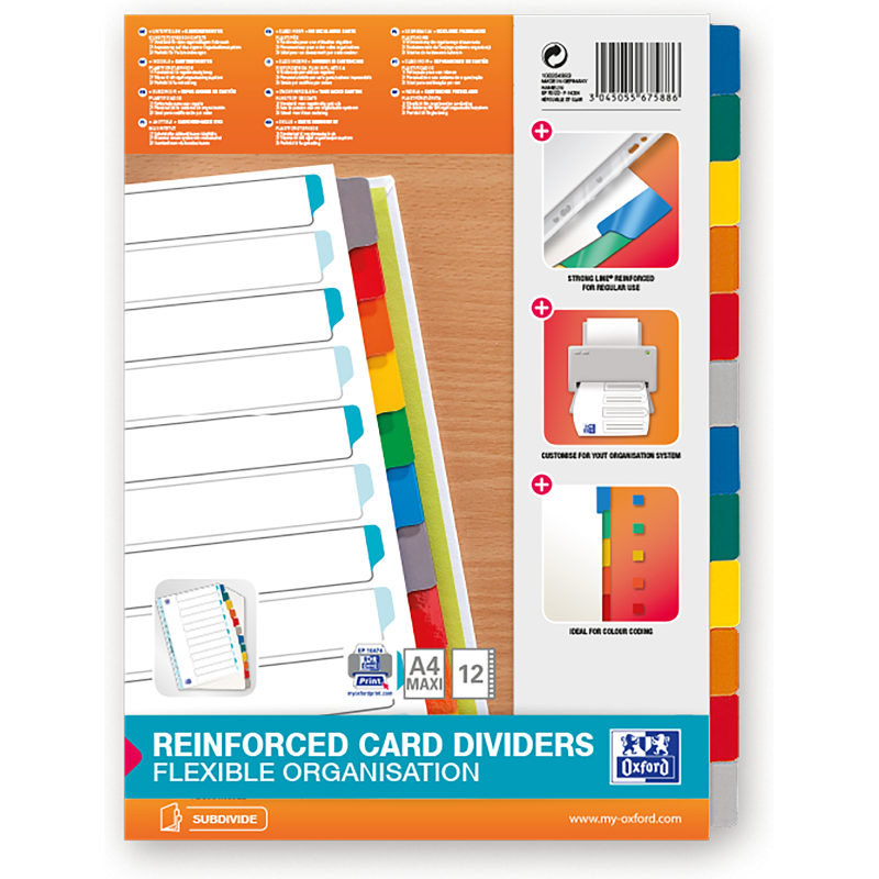 Jeu d’intercalaires 12 positions maxi format / pochettes carte blanche à onglets couleur