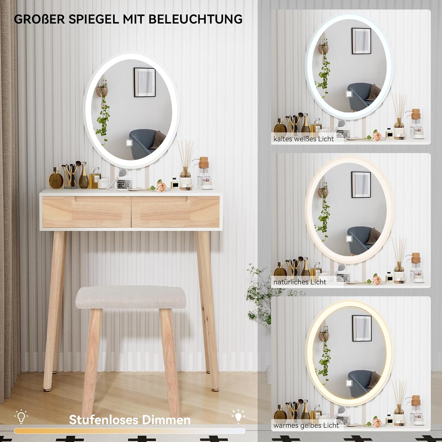 YU YUSING Schminktisch mit LED-Beleuchtung Spiegel 3 Farben, Schminktisch mit Stuhl, Frisiertisch Kosmetiktisch mit 2 Schubladen, 70cm Frisierkommode Make Up Dressing Vanity, Modern, Holzfarbe