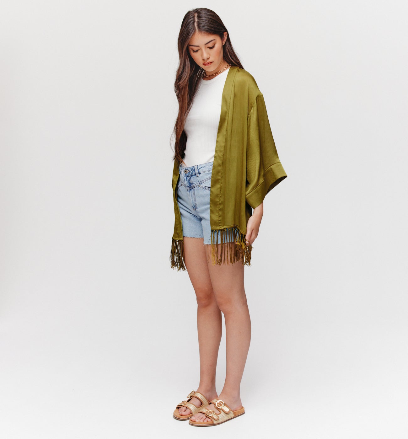 Veste kimono soyeuse à franges - Vert olive