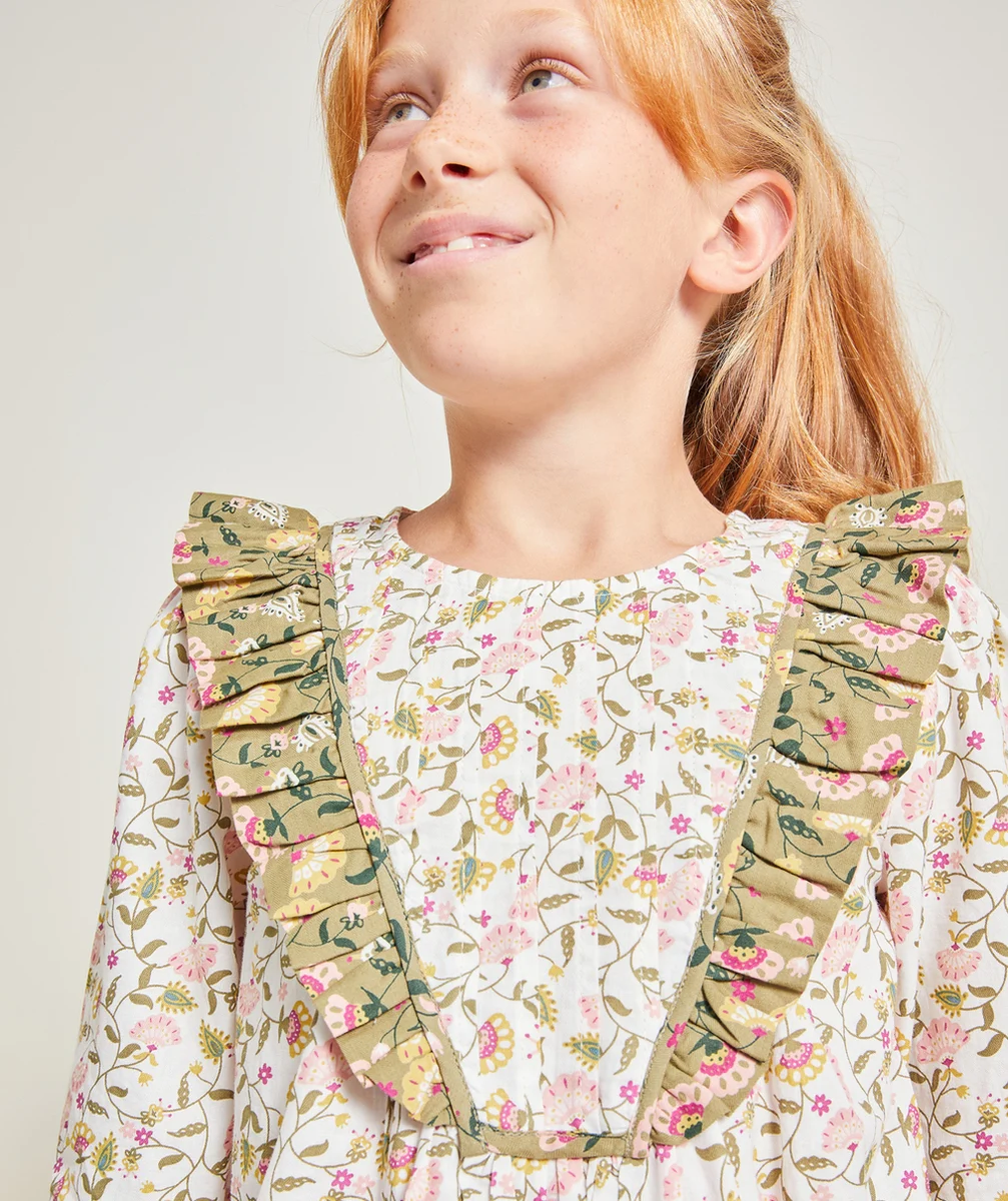 BLOUSE FILLE EN COTON IMPRIMÉE FLORAL ET VOLANTÉE