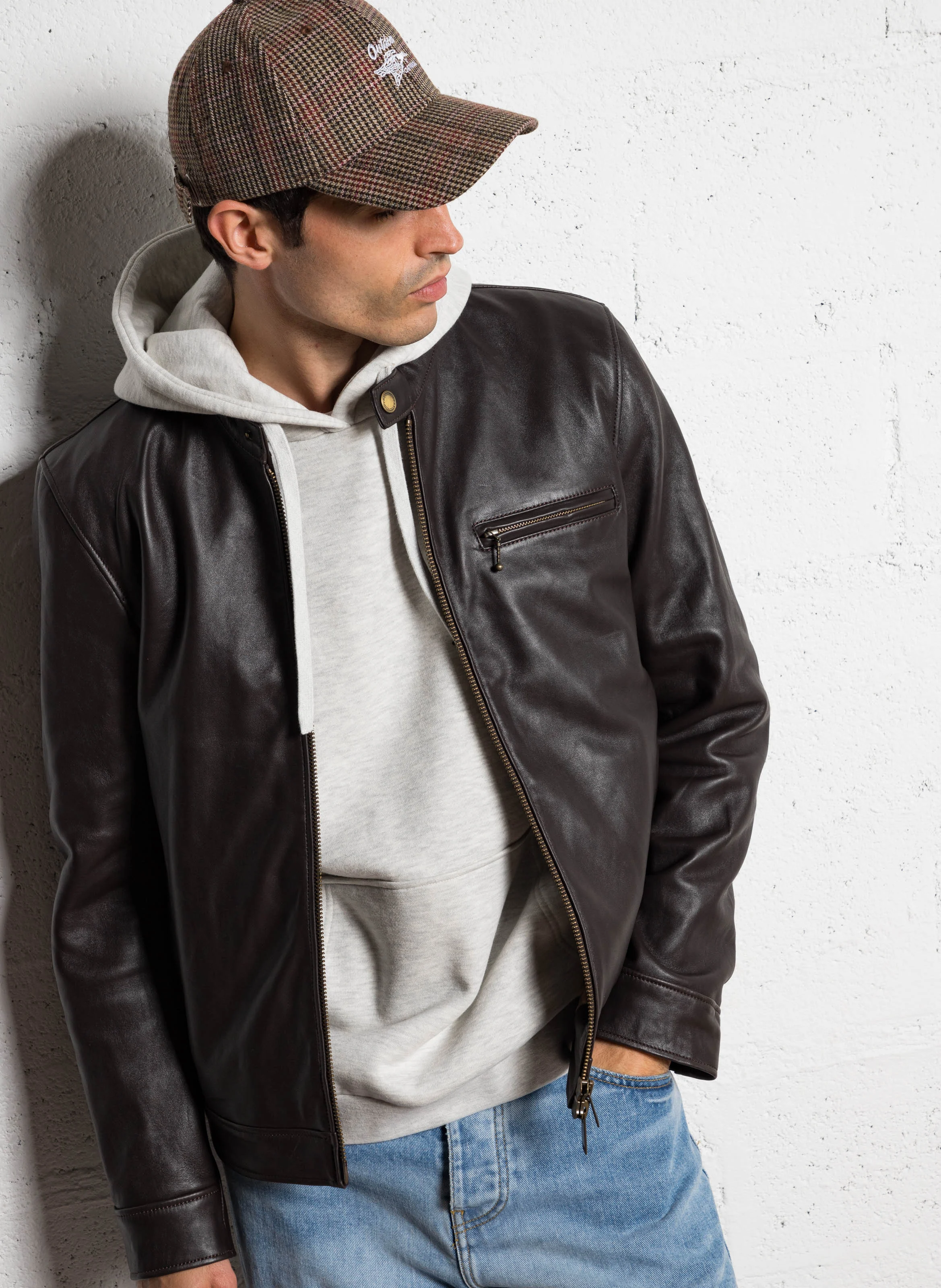 BIKE - Blouson col rond en cuir | Marron