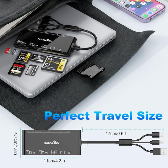 NÖRDIC USB-A, USB-C, Lightning USB3.0 Multi-kortlæser 7 Slot 1xCF, 2xSD, 2xMicroSD, 1xMS, 1xXD UHS-I