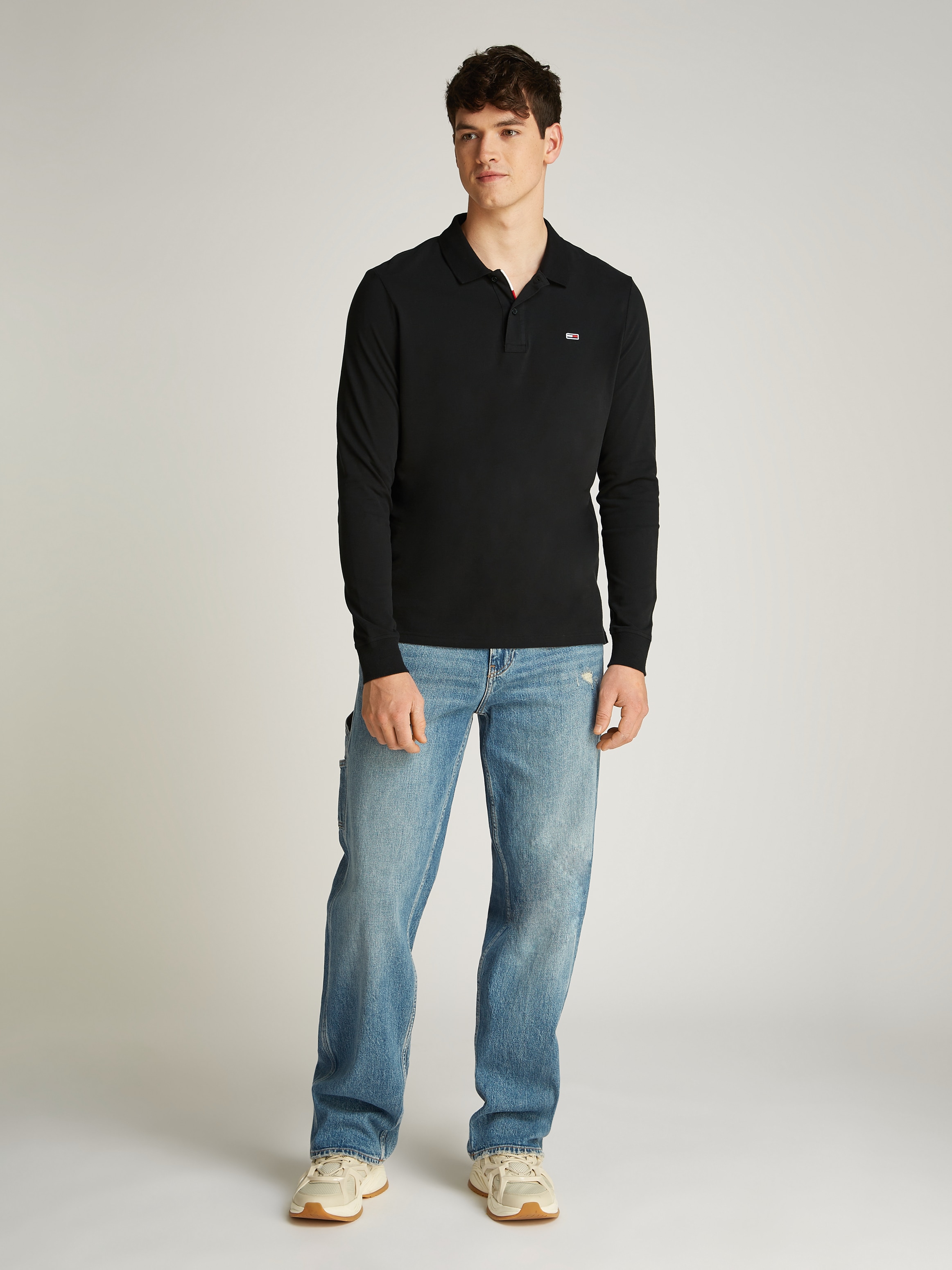 Tommy Jeans Plus Langarm-Poloshirt »TJM SLIM PLACKET POLO LS EXT«, in Grossen Grössen, Logostickerei