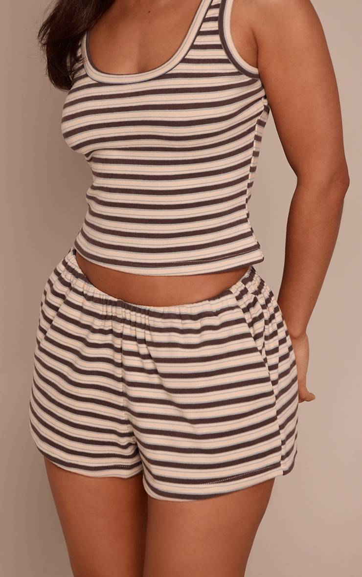 Marron Short Petite En Molleton Doux À Rayures Avec Cordon De Serrage