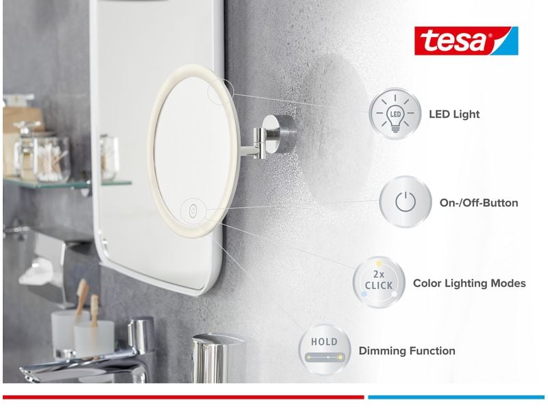 tesa Kosmetikspiegel Visioon LED, Chrom Runder Vergrösserungsspiegel mit LED-Beleuchtung, fünffacher Vergrösserungsfunktion für Details