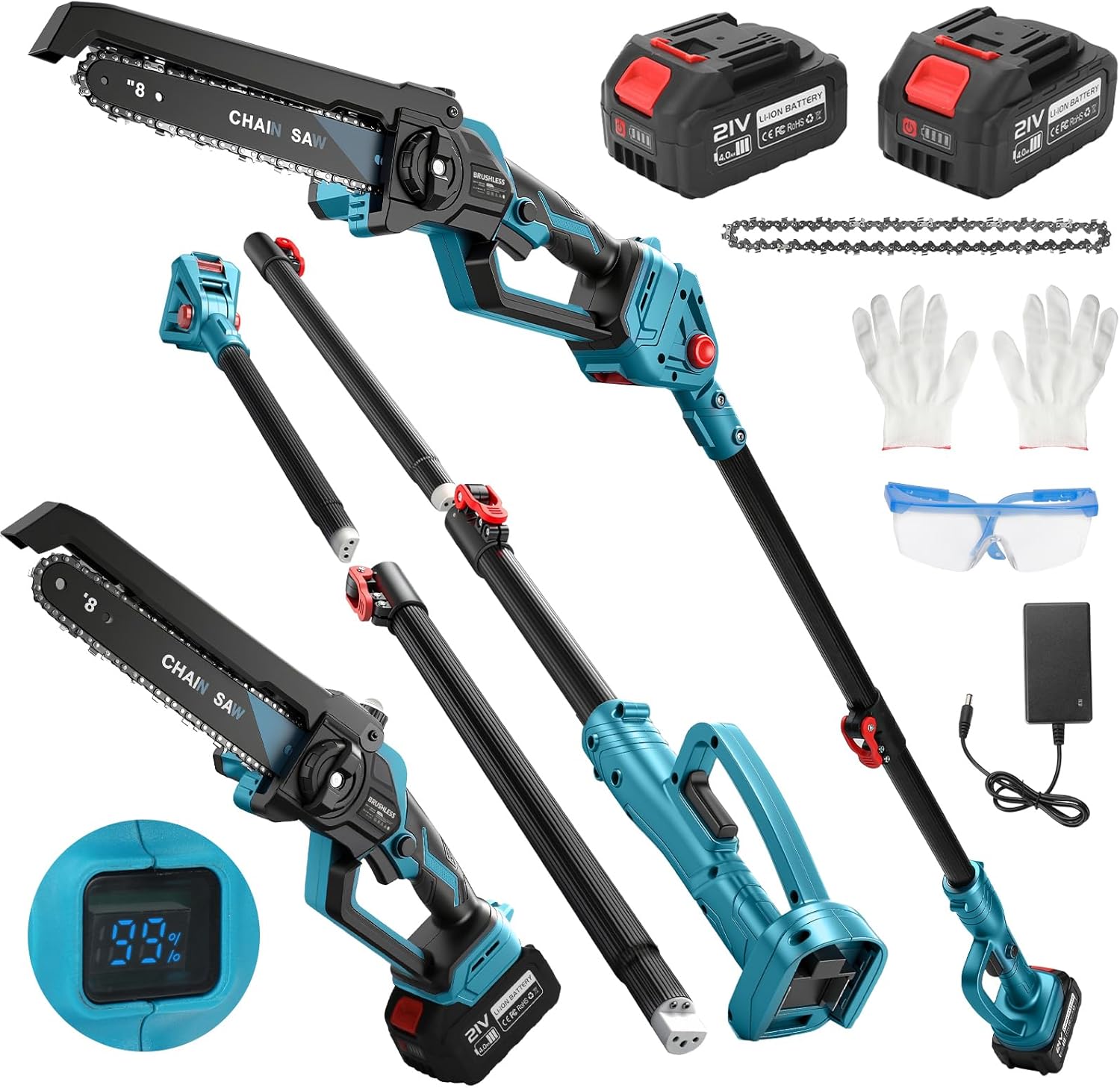 2 IN 1 Akku Hochentaster Ast Kettensäge mit 21V 4000 mAh Akkus Profi Astsäge für Makita 18V, Mini 8 zoll baumsäge Teleskop Elektro teleskopsäge säge handkettensäge akkusäge Arbeitshöhe bis 4,5m