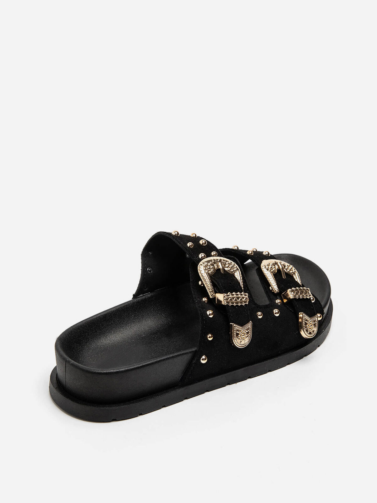 Mules en suédine à boucles et clous dorés- Noir