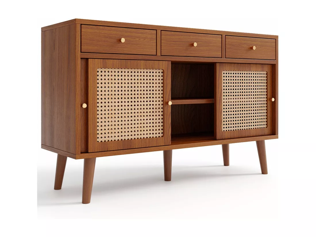 Buffet en noyer avec tiroirs et portes coulissantes en rotin, noyer,d120cm×h78cm
