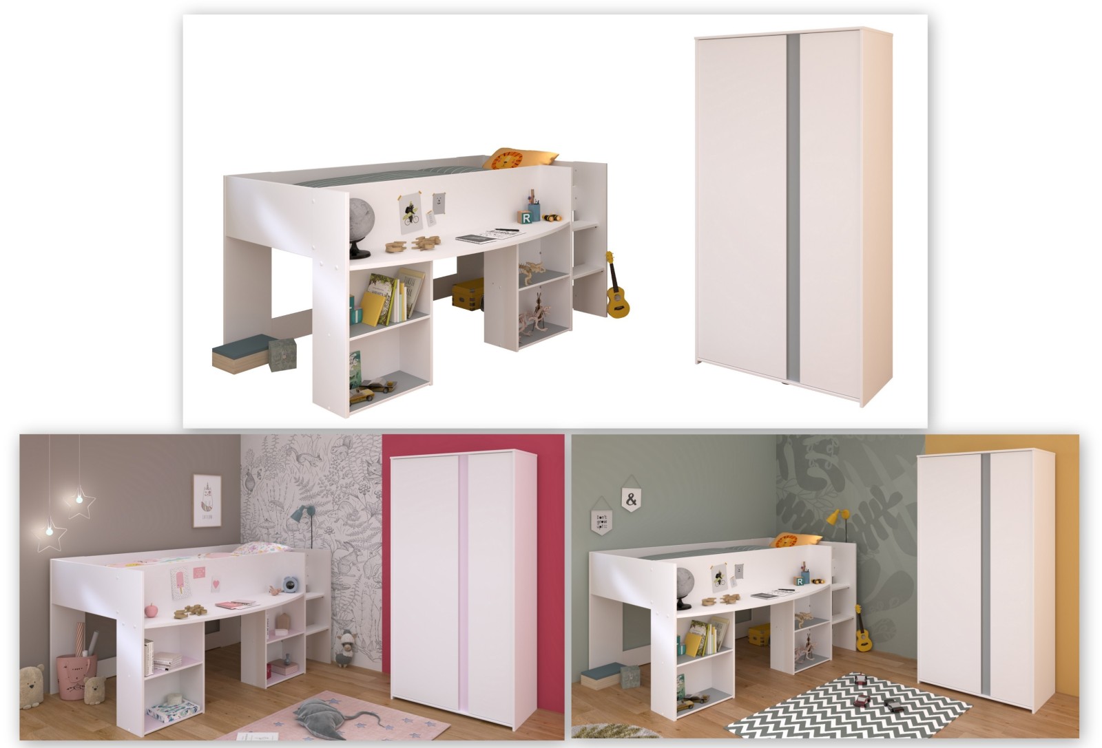 2-teiliges Kinderzimmer PIROUETTE 14 - weiß -rosa oder grau - 90x200 cm