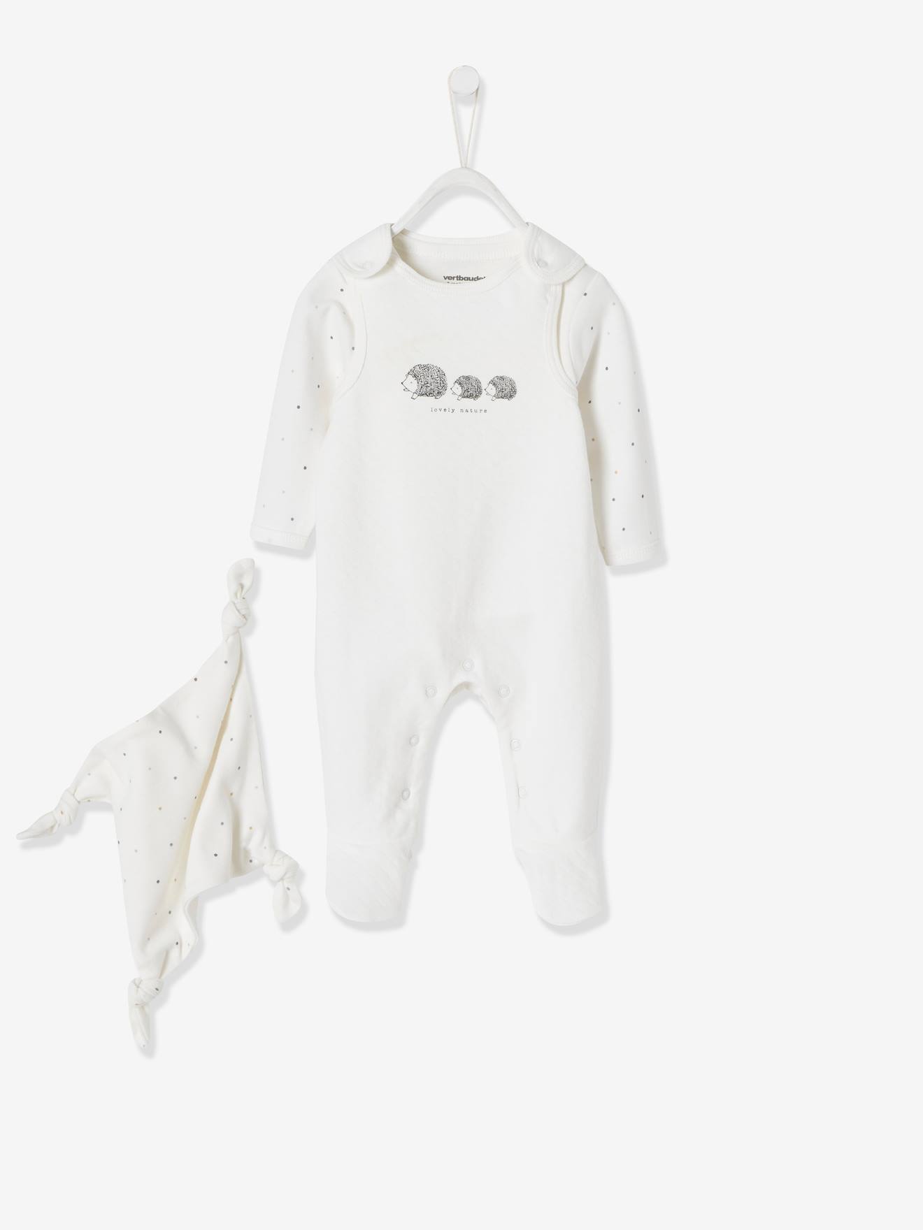Conjunto para recém-nascido + body + doudou em algodão orgânico branco claro liso com estampas.