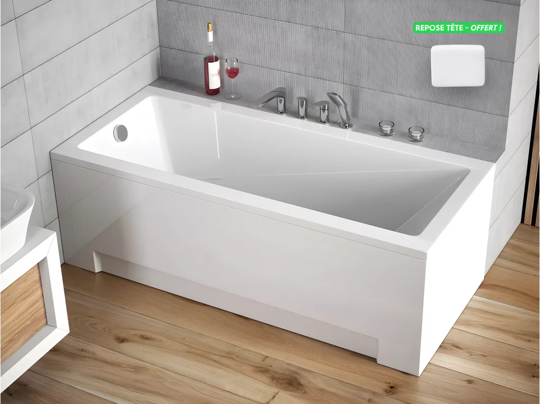 Baignoire rectangulaire - avec Tablier Blanc et Repose Tête OFFERT | MODERN | 130 x 70 cm