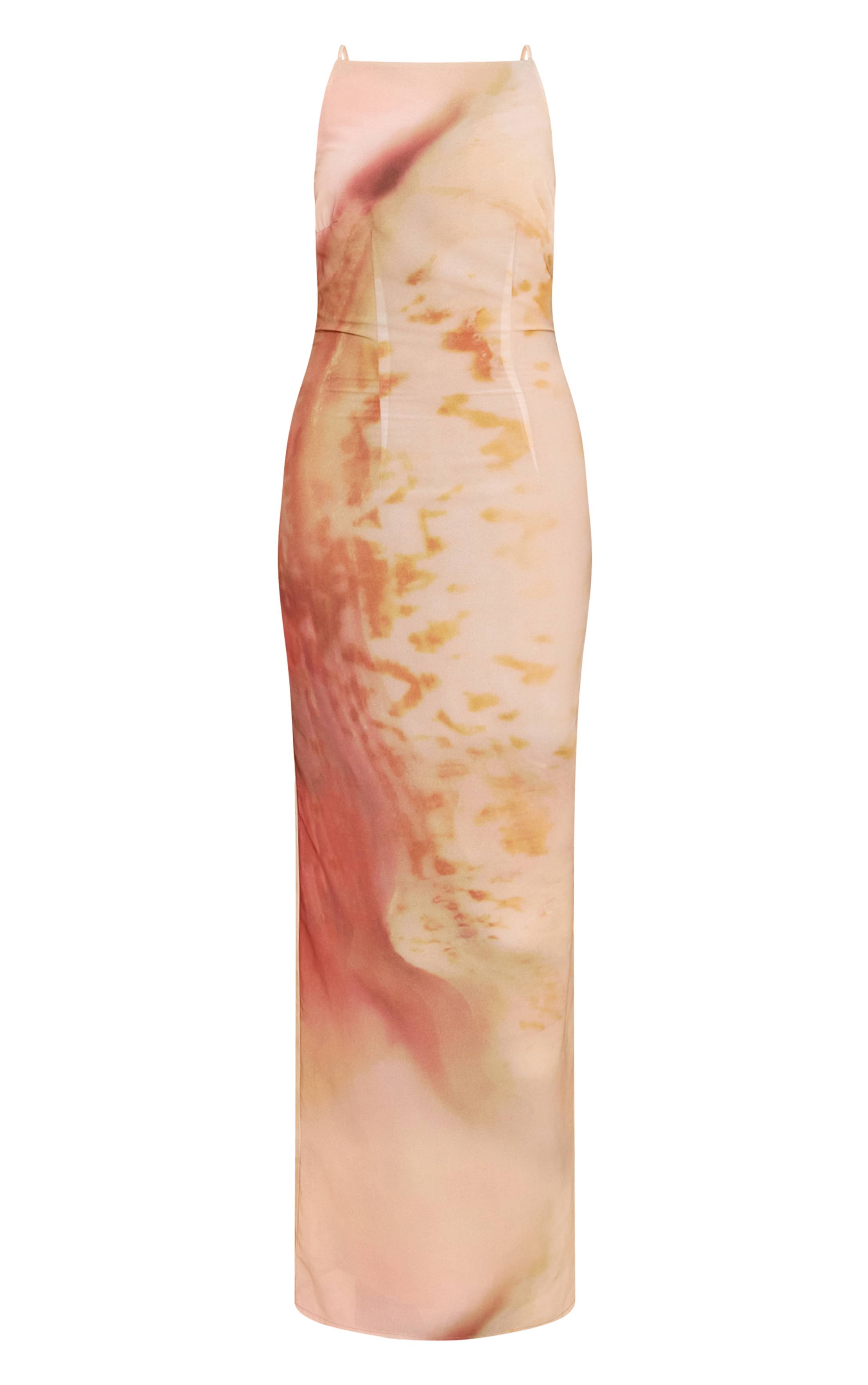 Naturel Robe Longue En Mousseline Imprimée Abstraite