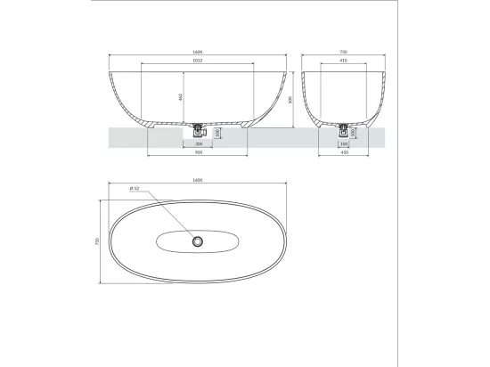 Baignoire Îlot - 160 x 75 cm - SHELL - GRIS CENDRÉ MAT - avec SIPHON INCLUS