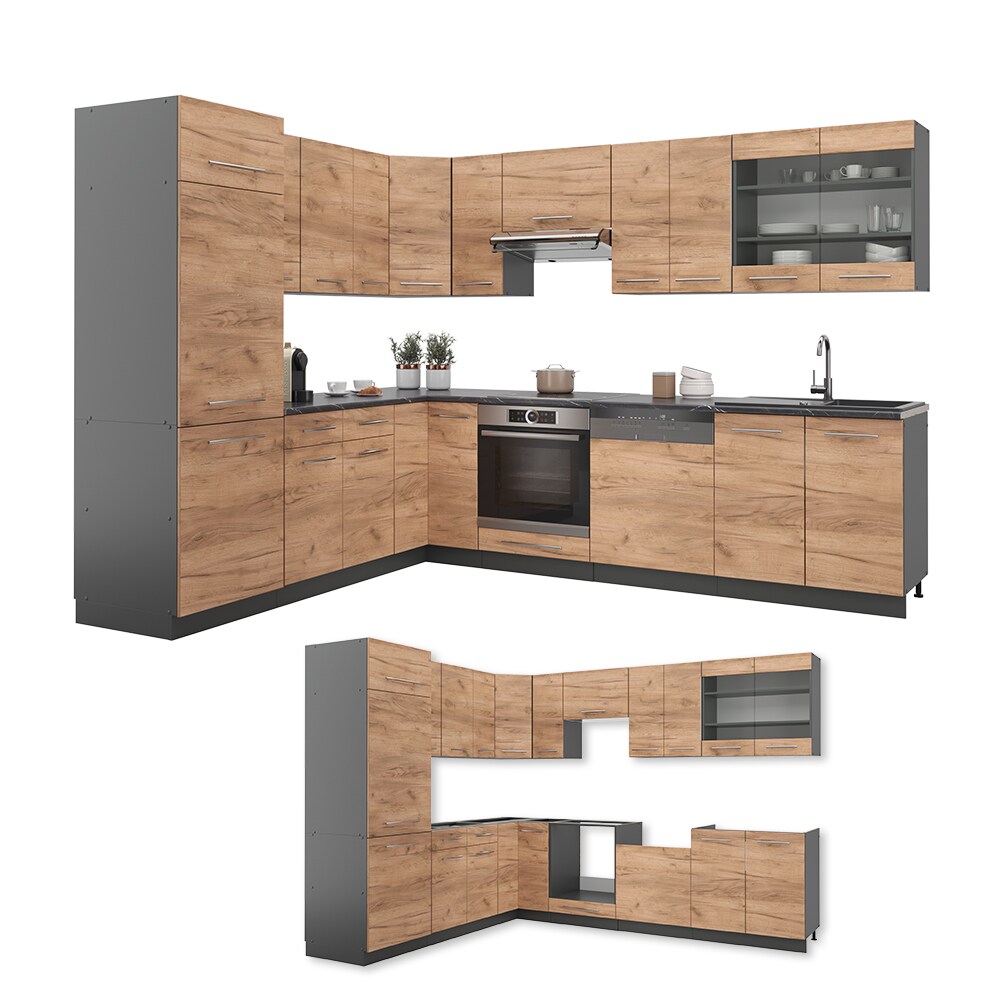 Vicco Eckküche Küchenzeile Einbauküche Fame-Line Anthrazit Eiche 227x287 cm modern Spülenunterschrank Schubunterschrank Eckunterschrank Herdumbauschrank Hängeschrank Kühlumbauschrank Hängeglasschrank