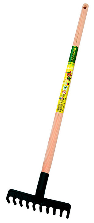 Râteau plastique enfant Leborgne - Manche en bois - Tête l.17 x H.7 cm