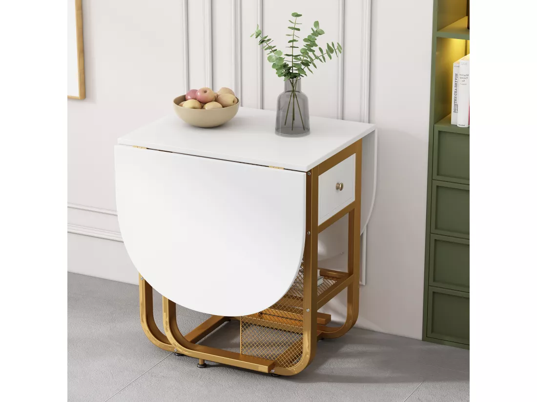 Table à manger ovale extensible 4 à 6 couverts avec 2 tiroirs - L160xW70xH75cm - Panneau de particules - Motif marbre - Blanc + or
