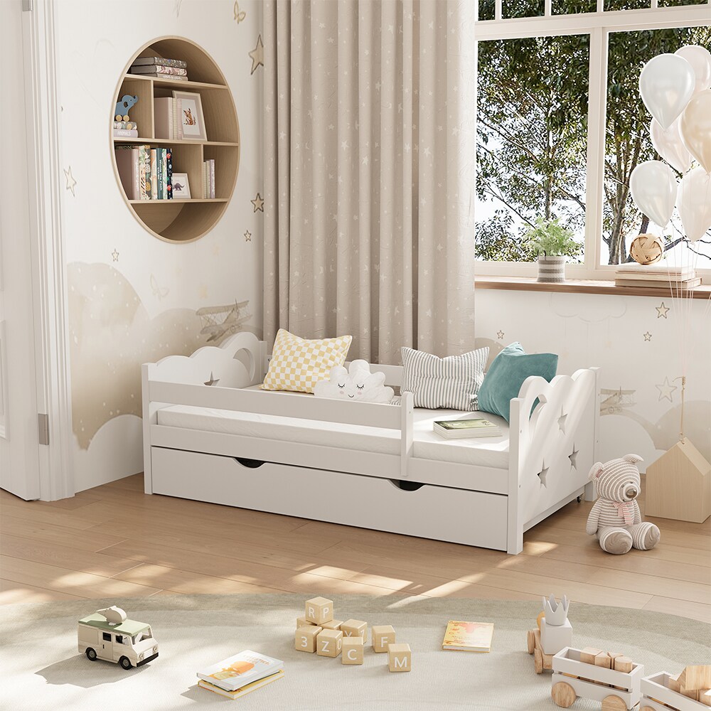 VitaliSpa Kinderbett Einzelbett Juniorbett Jessica Weiß 140x70 cm Matratze modern Kinderzimmer Bett Bettschublade Rausfallschutz