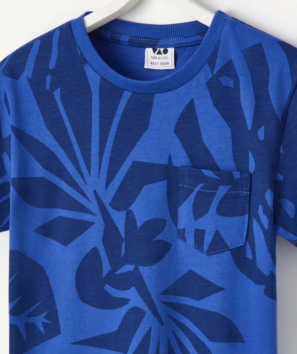T-SHIRT GARÇON EN COTON BIO BLEU IMPRIMÉ FEUILLAGE