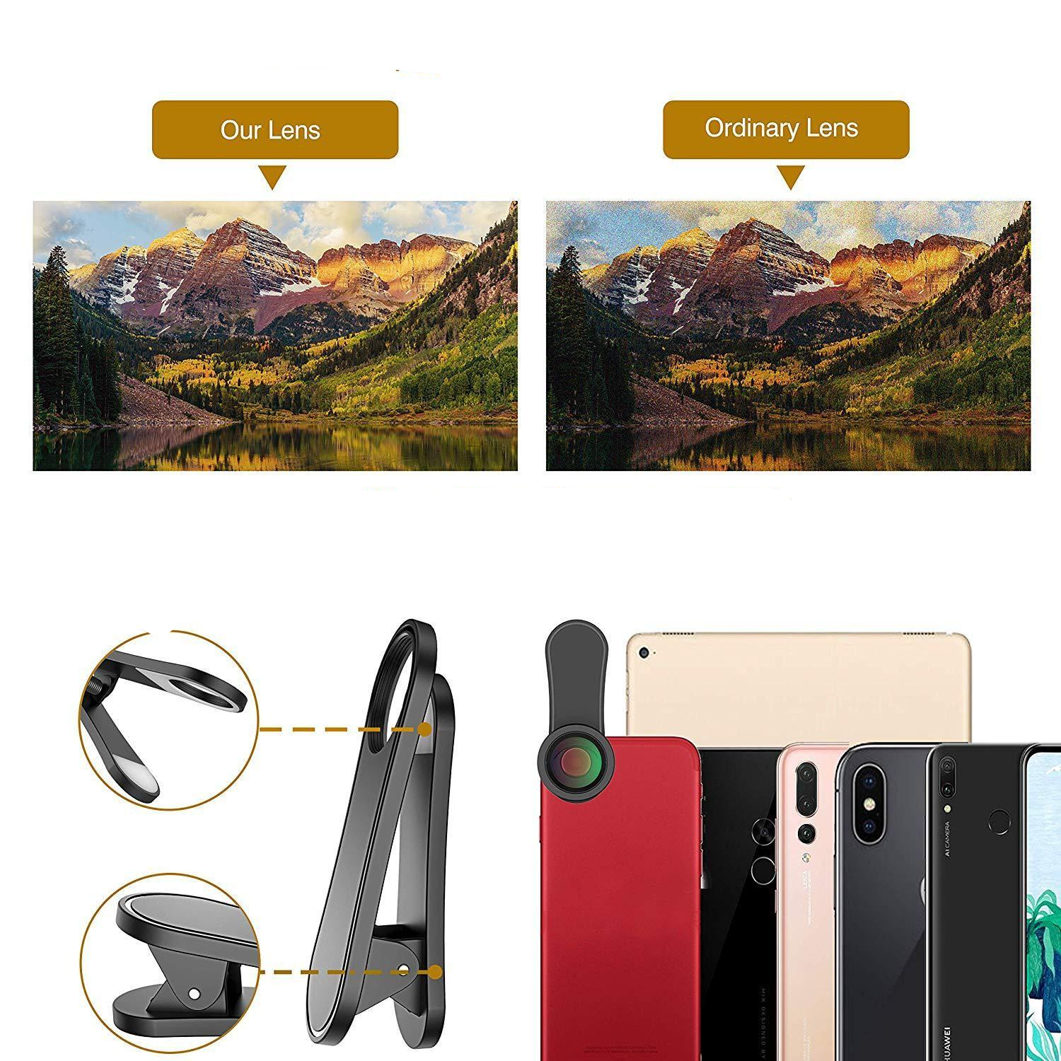 3in1 Kamera Teleobjektiv mit Clip (198° Fish Eye / 120° Weitwinkel / 20x Makro)   Aufbewahrungstasche - Schwarz