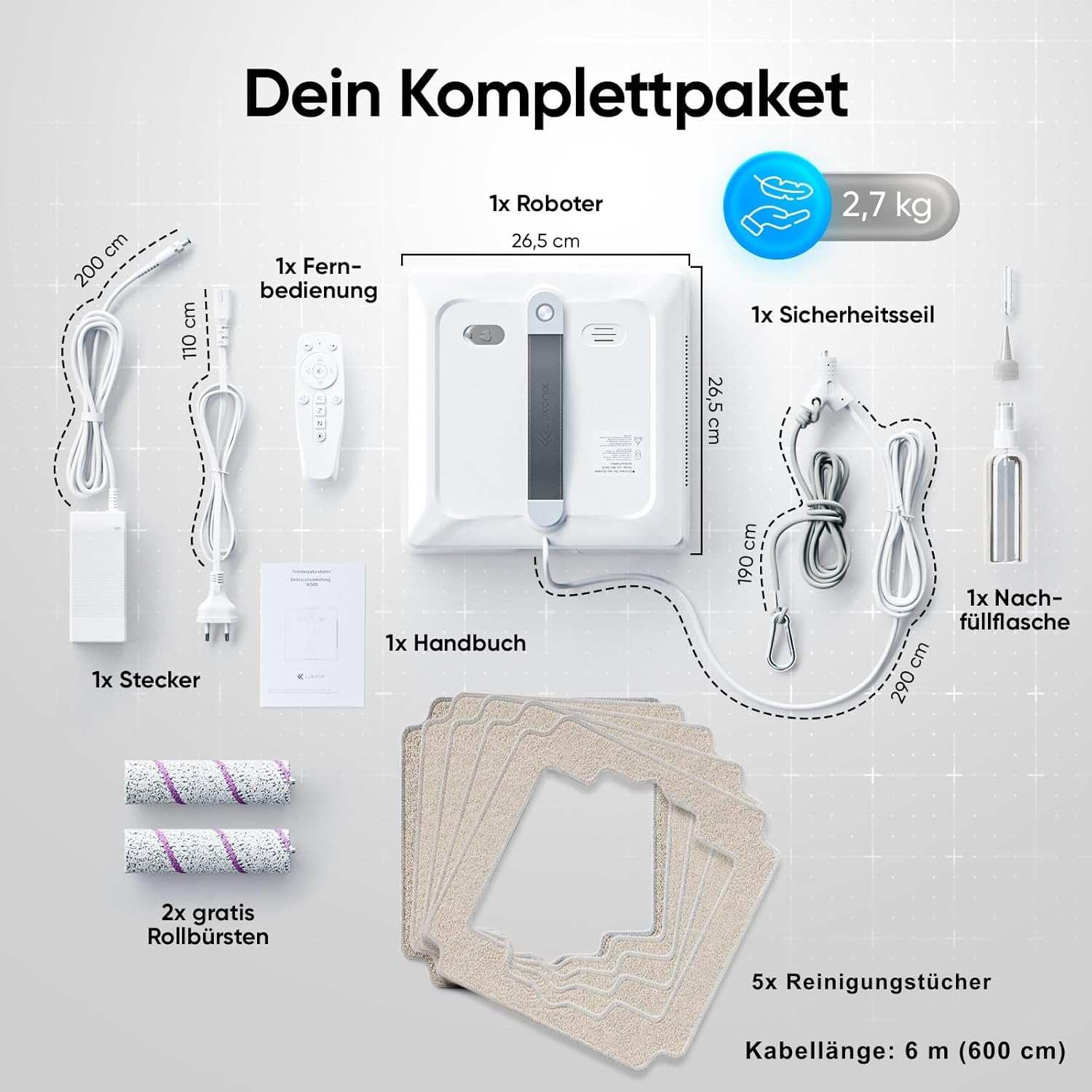 Fensterputzroboter [patentierte Rollbürsten] Fensterputzer elektrisch mit App-Steuerung [deutsch] Fensterroboter 3-Düsen Sprühfunktion & Anti-Fall-Sensoren | Winbot Roboclean Window Cleaning Robot