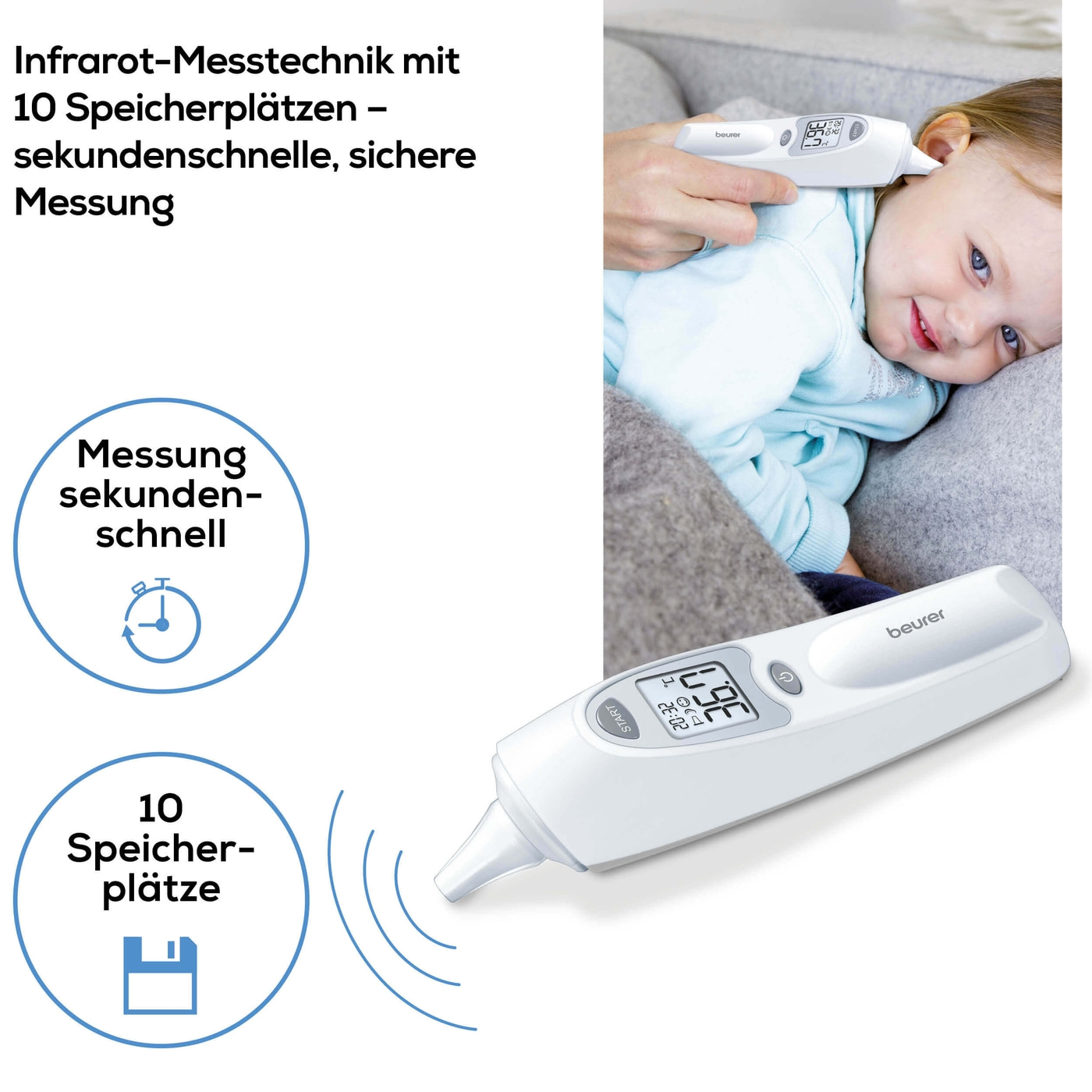 FT 58 Ohrthermometer Infrarot Fieberthermometer Temperatur Messgerät (°C/°F) inkl. Batterien  (79533) - Weiss