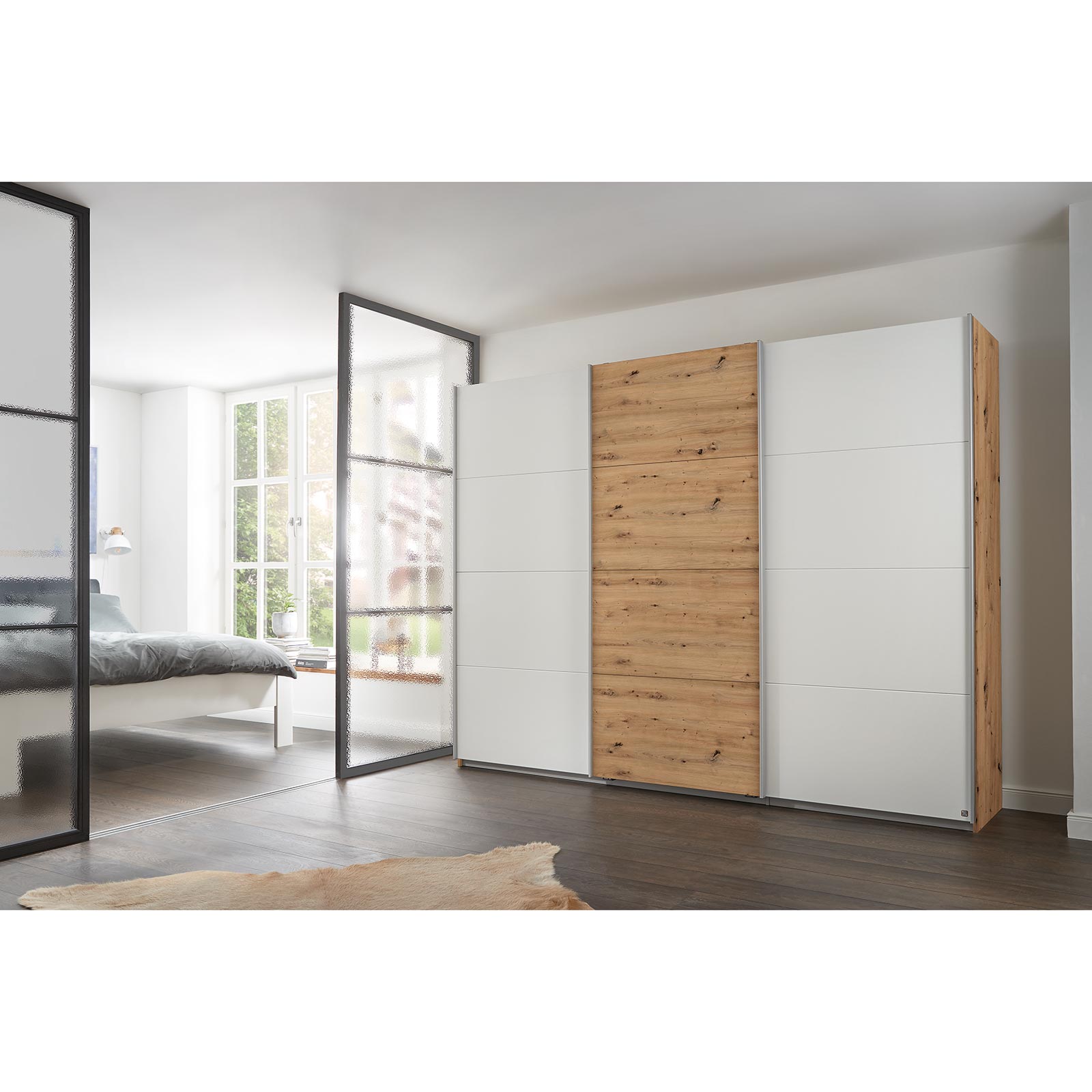 Schwebetürenschrank - alpinweiß - Eiche Artisan - 271x210 cm